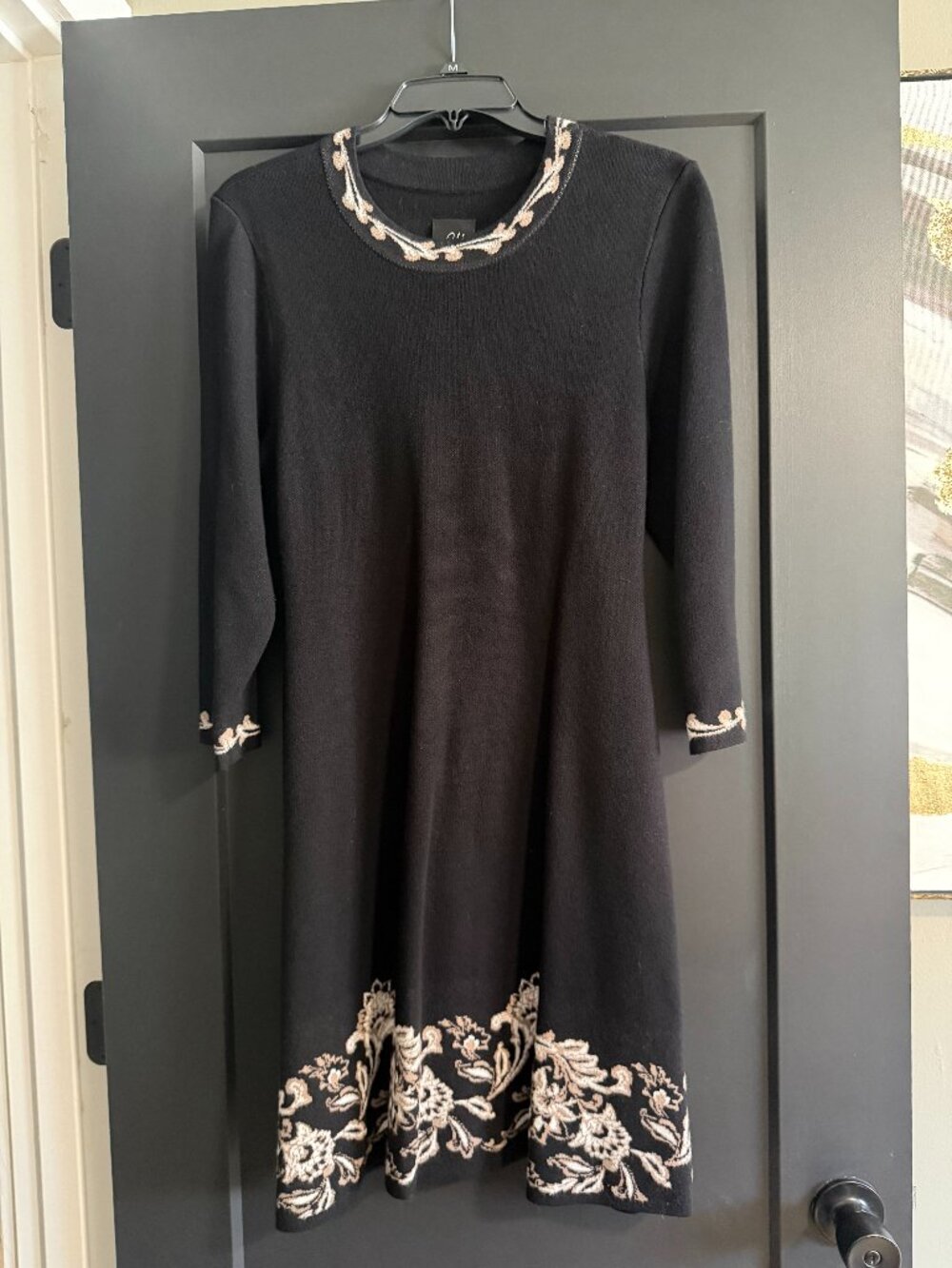 Black Sweater Dress with Tan Damask Design sz L